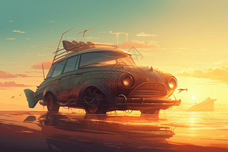 黄昏海边的汽车背景图片