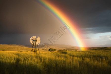 草原上的彩虹草原上的风车发电背景