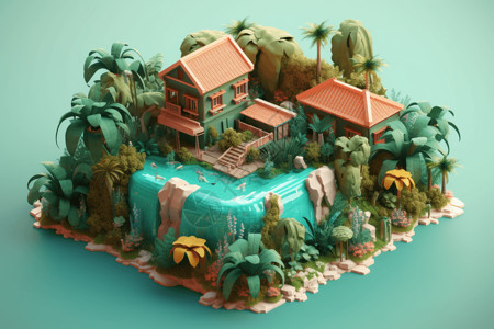 热带房子热带雨林景色设计图片