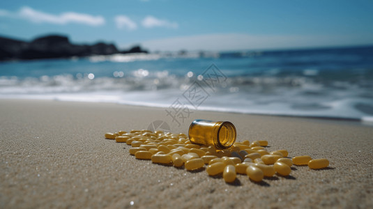 海洋精华一瓶鱼油胶囊洒在沙滩上背景