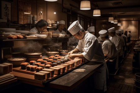 忙碌的厨师寿司厨房忙碌场景背景