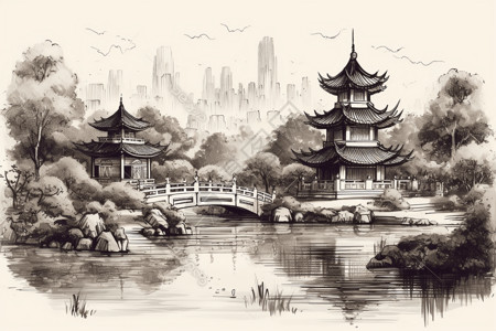 寺庙水墨画中国园林景色插画