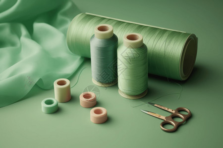 缝纫工具绿色纺织背景设计图片