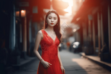 红色连衣裙女子背景图片