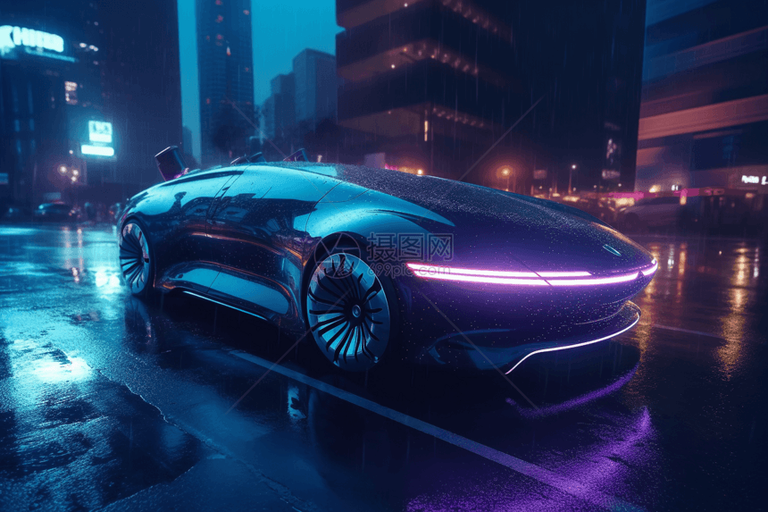 未来感汽车在夜城中3D设计图图片