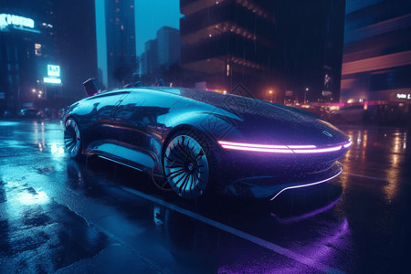 未来感汽车在夜城中3D设计图背景图片