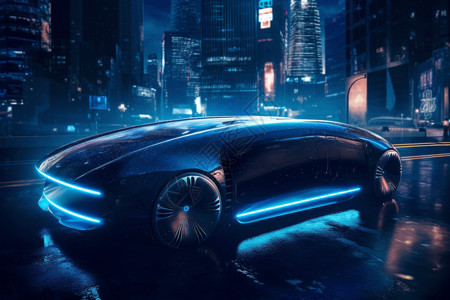未来感汽车在夜城中行驶渲染图设计图片