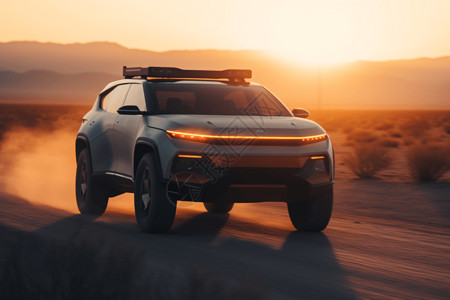 尘土飞扬路自动驾驶汽车在沙漠中穿梭背景