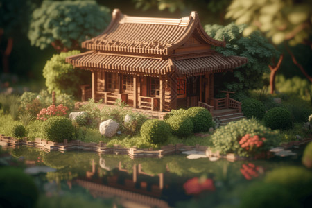 日式花园微小日式木砖房渲染图设计图片
