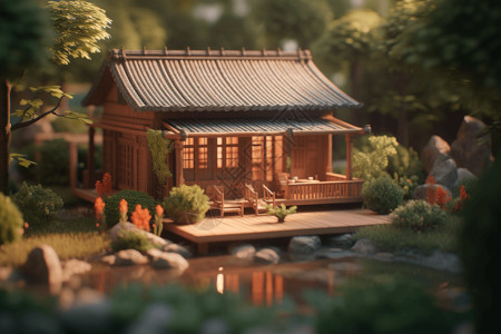 日式花园微小木砖房渲染图设计图片