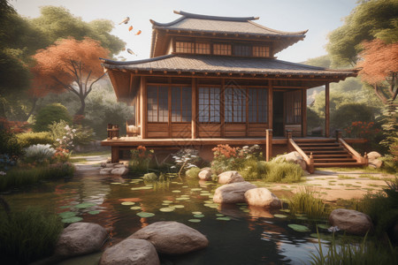 日本风格寺庙木砖房渲染图设计图片