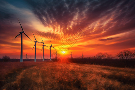 夕阳下风力涡轮机高清图片
