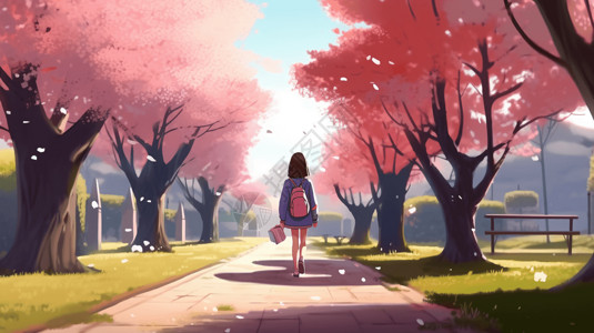 女孩漫步在公园里插画图片