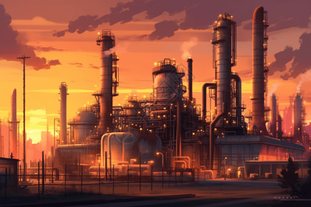 夕阳下的工人夕阳下的炼油厂插画