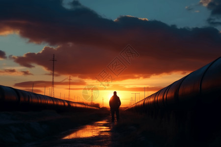 日落和火车孤独的工人设计图片