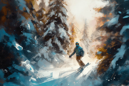 冬季森林里的滑雪运动员图片