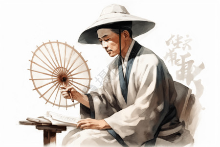 折伞带着白帽子的书生插画