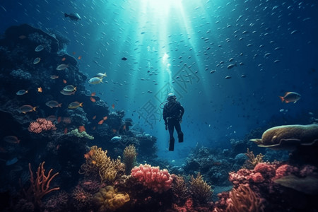 珊瑚礁旁的潜水员图片