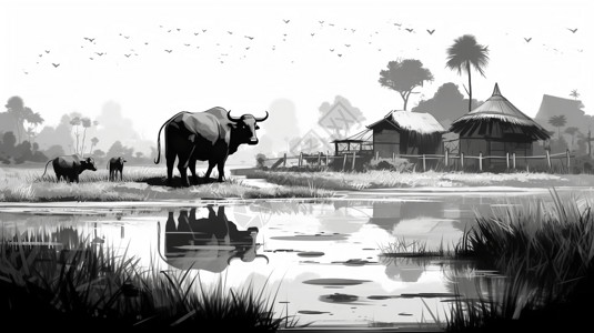 母牛与小牛水牛从稻田里喝水插画