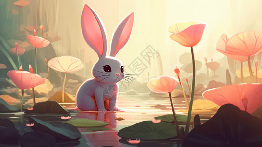 站在水里兔子站在荷花上插画
