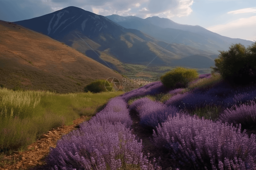 覆盖着紫色薰衣草的山坡图片