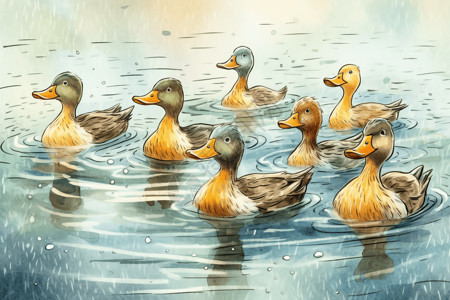 湖水里的鸭子插画
