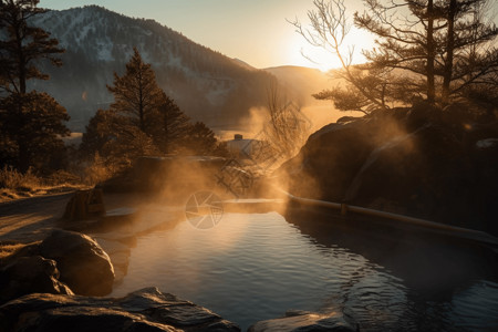 温度上升温泉日出风景背景