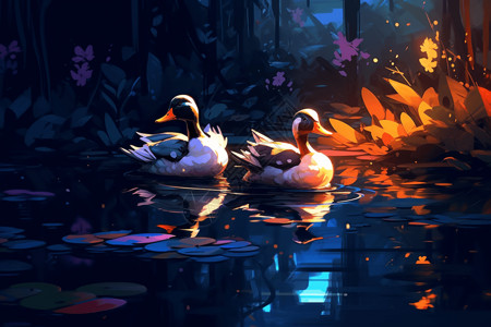 池塘里的鸭子插画图片