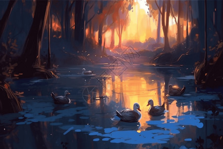 森林池塘里的鸭子图片