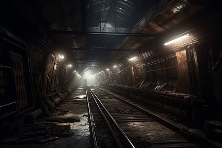 火车轨阴森的地铁隧道插画
