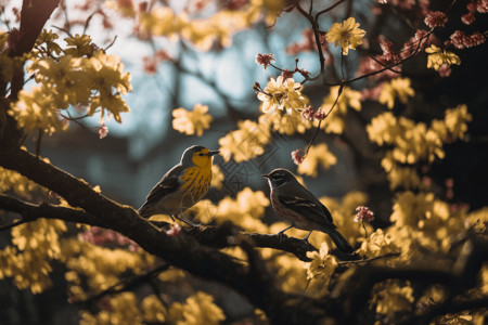 两只小鸟树枝上的一对小鸟背景