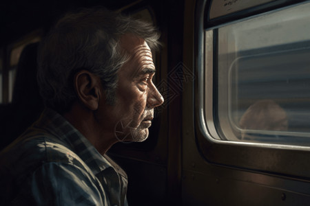 火车上沉思的老人图片