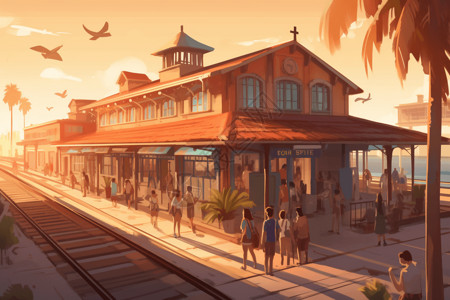 夕阳下的城镇火车站图片