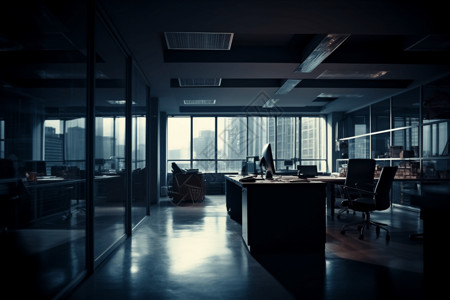 无人办公室昏暗无人的落地窗办公室背景