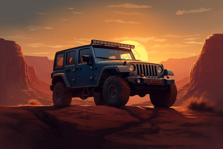 夕阳下的汽车夕阳下山上的吉普插画