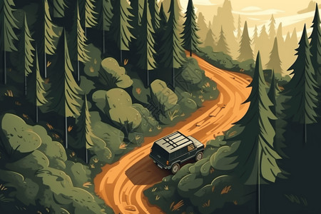 森林越野蜿蜒的小路中的越野车插画