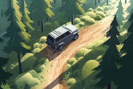 森林越野林间小路中的越野车插画