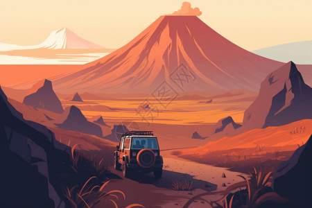 火神山雷神山火山下的越野车设计图片