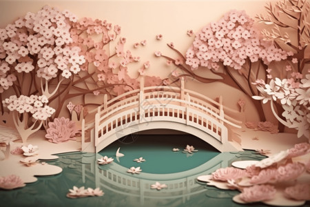 粉色剪纸风的小桥流水图片