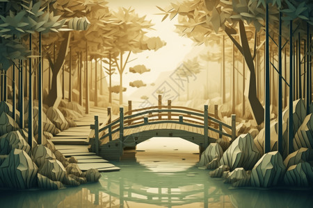 竹林流水绿色的河岸插画