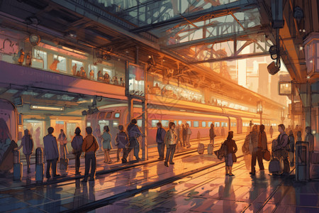 印度火车站月台繁华的高铁站插画