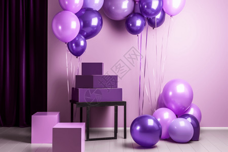 紫色气球布置的舞台背景图片