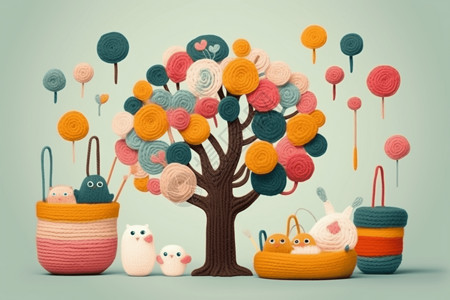 儿童毛绒玩具编织的五颜六色的可爱场景设计图片