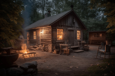 壁炉火光傍晚的乡村小屋背景