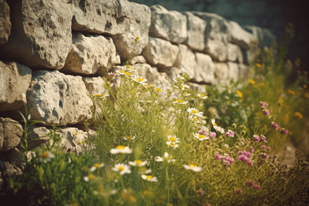 黄色花墙墙边的小野菊背景