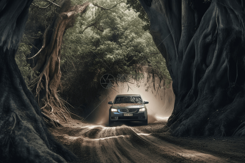 驾车在森林中穿梭图图片