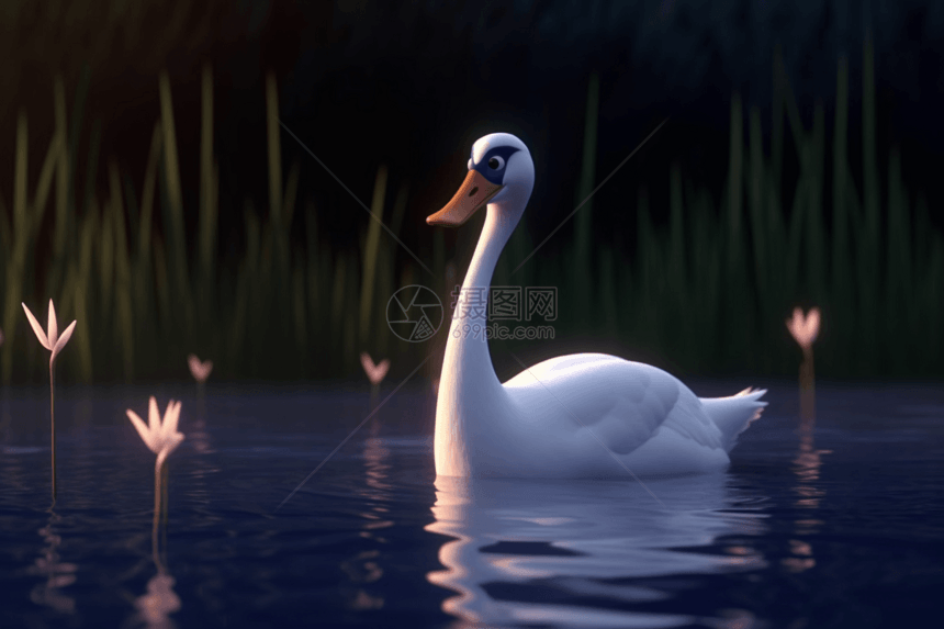 天鹅飘在湖面3D渲染图图片