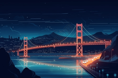 桥上的灯光汽车与城市的桥梁插图插画