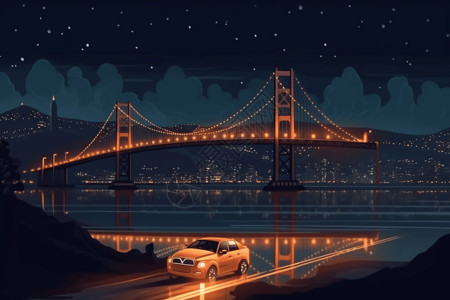 横滨海湾大桥汽车与城市的桥梁景观插画
