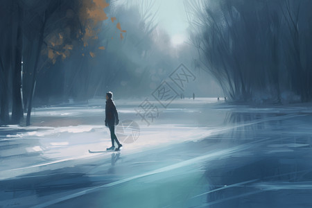 冰冻湖面湖面上滑冰的插画插画
